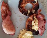 A picture of step 4 of My Buttered toasted Bagel with Bacon,scrambled Egg + Beans. 💖.