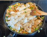 A picture of step 7 of Fried rice with Korean Kimchi and pork belly.