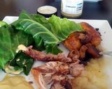 A picture of step 18 of Roast pork belly with herb infused roast new potatoes and spring greens.