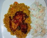 A picture of step 7 of Jollof rice, coleslaw and peppered chicken.