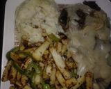 A picture of step 4 of Lamb steak with mushroom sauce stir fried vegis and mashed potatoes.