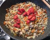 A picture of step 5 of Fregola Sarda with Clams, Bell Pepper, and Roasted Datterini Tomatoes.