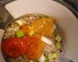 A picture of step 1 of Burger mix, spring onion, tomato and Cumin.