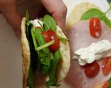 A picture of step 5 of Flat multiseed Bread, with Ham,Spinach, Tomato & Soft Cheese.