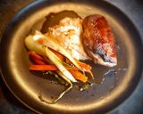 A picture of step 6 of Glazed Braised Duck Breast on a Signature Mashed Potatoes served with Glazed Carrots and Pak Choi.