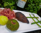 A picture of step 2 of Pan-fried Chicken with Hara Bhara Kebab, Asparagus & Laccha onion.