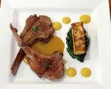A picture of step 12 of Lamb Cutlets with Corn Puree, Celeriac Fondant, Spinach and Mushroom Sauce.