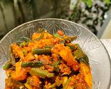 A picture of step 9 of Gujrati Bhinda batata nu shak/allo bhindi ki sabzi.