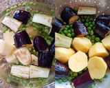A picture of step 1 of Peas Potato and Brinjal Curry.