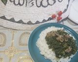 A picture of step 2 of Curly kale,spinach and meat.