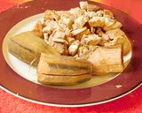 A picture of step 3 of Banana masala powder (Podimas in Tamil) mixed with rice.
