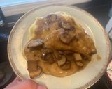 A picture of step 5 of Chicken Marsala: with mashed potatoes and garlic green beans.