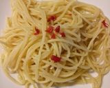 A picture of step 3 of Aglio olio and for those who like it hot, peperoncino.