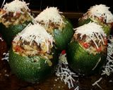 A picture of step 5 of Round, Stuffed Zucchini with Brown Rice, Ground Beef, Red Pepper.
