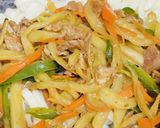 A picture of step 2 of Yaki Udon with Stir-Fried Napa Cabbage Stems.