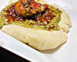 A picture of step 5 of Semovita (swallow)with okra soup and stew.