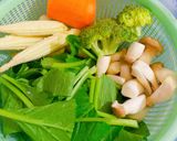 Hình bước làm 2 của món Nui xào nấm,chả cá,đậu hủ và rau củ