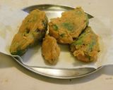 A picture of step 4 of Bajji (fritter) with stuffed Anaheim Chilies.