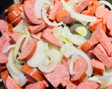 A picture of step 2 of Brussel Sprouts with Kielbasa.