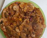 A picture of step 3 of Hungarian Mushroom Paprikash with rice, wild rice, corn and red beans.