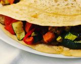 A picture of step 9 of Lentil Crepes with Hummus and Roasted Vegetables.