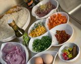 A picture of step 1 of Chinese fried rice with Russian salad.