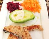 A picture of step 8 of Sesame seared salmon, Tahini avocado and shred salad.