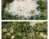 A picture of step 3 of Gajar Saag (Carrot leaves) stir fried with coconut.