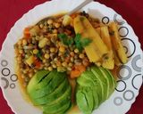 A picture of step 8 of Chillie peas-matoke served with guacamole.