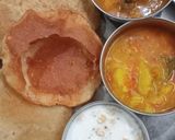 A picture of step 4 of Puri with sabji and raita.