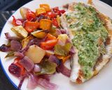 A picture of step 3 of Turbot with Lemon, Cilantro, Tahini, and Roasted Vegetables.