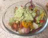 A picture of step 4 of Garlic Fried Lamb and an Advacado garlic sauce salad.