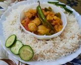 A picture of step 7 of Chicken jalfrezi with boiled Rice 🍚.