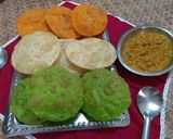 A picture of step 7 of Tri colour Poori with white matar.