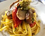 A picture of step 6 of Fettuccine with Piccadilly Tomatoes, Porcini Mushrooms, and Sicilian Broccoli.