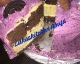 A picture of step 1 of Easy Chocolate And Vanilla Birthday Cake with purple frosting.