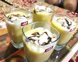 A picture of step 2 of Mango shake with vanilla ice cream and some chocolate sauce.