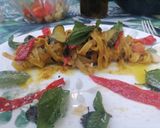 A picture of step 5 of Tagliatelle with Basil Pesto, Garden Vegetables, and Almonds.