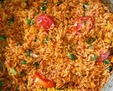 A picture of step 10 of Jollof rice and sauced beef my way.