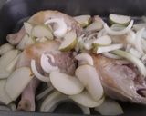 A picture of step 2 of Sig's chicken with kaletts, pears and rosti.