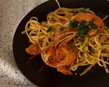 A picture of step 6 of Linguine with Prawns Flambéed in Cognac.