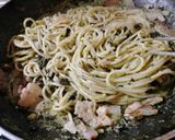 A picture of step 4 of Spaghetti with Guanciale, Tuscan Kale Pesto, Pistachios, and Parmesan Crisps.