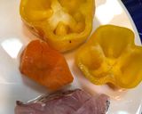 A picture of step 2 of Steamed stuffed capsicum with fresh mushroom, pumpkin, asparagus, potatoes, fish, pork and egg white.
