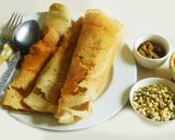 A picture of step 4 of LUNCH IS SERVED: Little millet dosai with onion sambar, curry leaf chutney and mung sprouts.