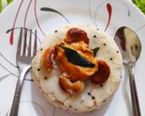 A picture of step 4 of Cashew Upma with tomato chutney.