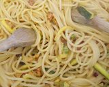 A picture of step 2 of Spaghetti with speck, courgette and pumpkin flowers.