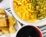 A picture of step 4 of Chips with scrambled egg served with hot tea.