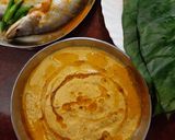A picture of step 2 of Pabda Paturi (with Taro/ kochu/Alvi leaves) and Pabda Bhappa.