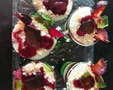 A picture of step 3 of Pista custard with banana jelly & plum jam.