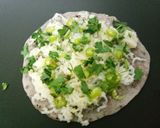A picture of step 2 of Falhari alu uttapam with coconut chutney.